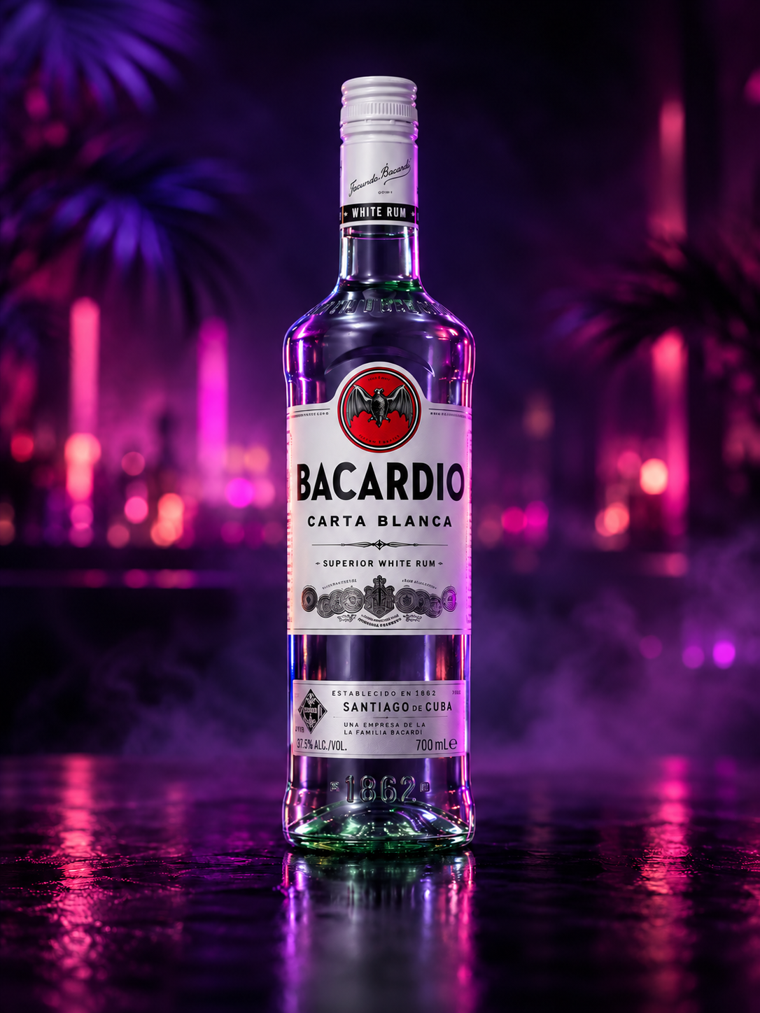 Bacardio-fles in paarse en roze feestverlichting